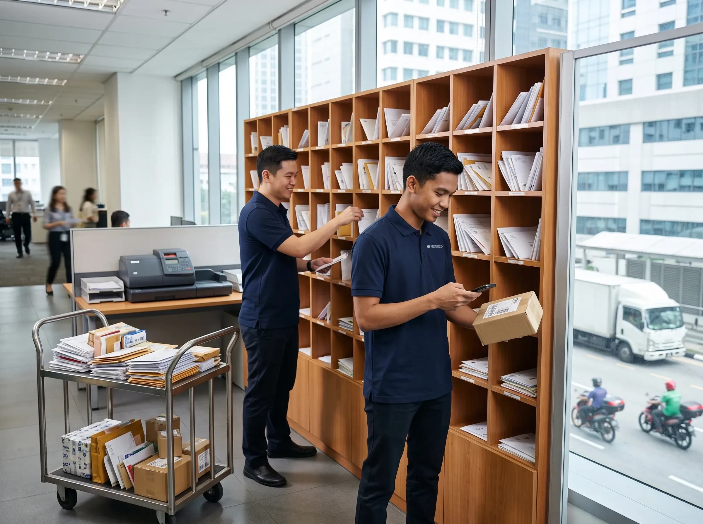 Mailroom services: an Era Baru crew member at work